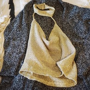 ASOS Gold Chainmail Cowl Neck Halter Petite Top
